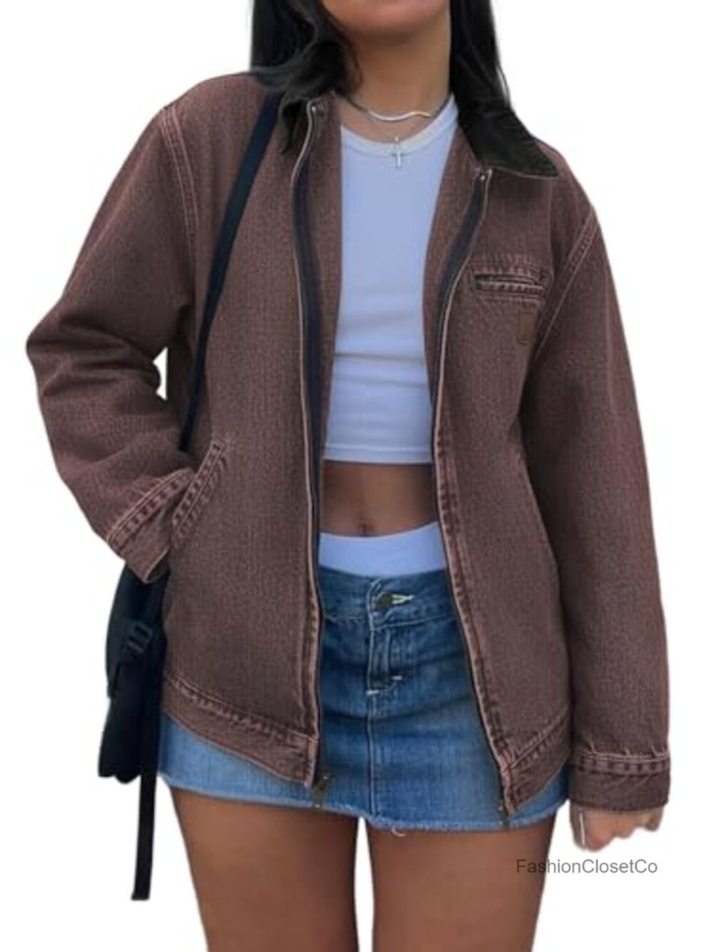 Cropped Denim Jacket Zip Up Barn Jean Jacket Women Casual